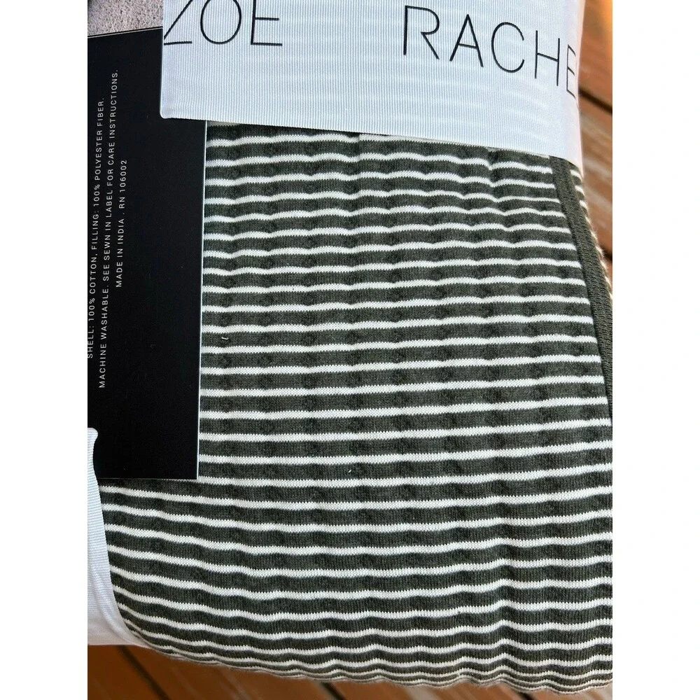 Rachel Zoe Green and White Striped Cotton Knitted Quilt Full Queen Textured New